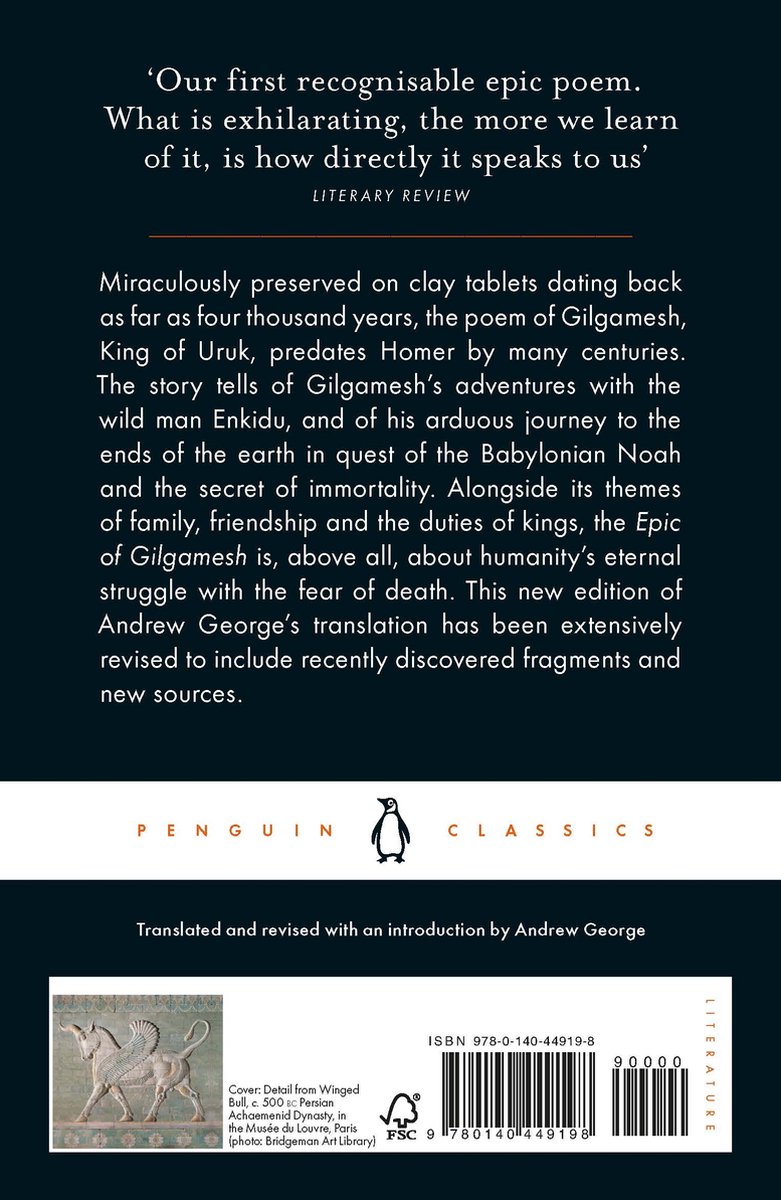 De achterkant van het boek toont een citaat, een beschrijving van het epos en het Penguin Classics logo. Onderaan een afbeelding van een reliëf van een gevleugeld wezen.