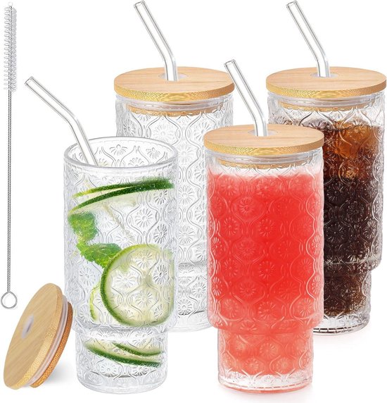 Glass Cup Set - Bamboo Lid and Straw - 350ml Bubble Tea Tumbler ...