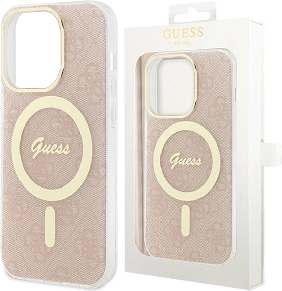 Coque Guess rose avec motif dentelle, logo Guess et compatibilité MagSafe, en emballage.