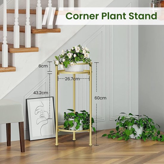 Metalen plantenstandaard 2 niveaus binnen en buiten, metalen plantenrek organizer bloempothouder planken plantenbak display opslag plank voor thuis tuin patio badkamer kantoor woonkamer balkon hoek