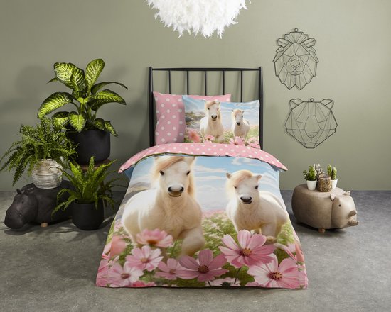 Good Morning dekbedovertrek witte paarden met bloemen - 1 persoons 140x200/220 cm - Roze - 100% Katoen renforce van Merkloos — afbeelding 4