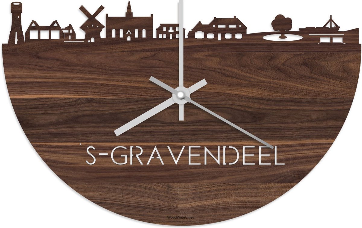 Skyline Klok 's-Gravendeel Notenhout - Ø 40 cm - Stil uurwerk - Wanddecoratie - Meer steden beschikbaar - Woonkamer idee - Woondecoratie - City Art - Steden kunst - Cadeau voor hem - Cadeau voor haar - Jubileum - Trouwerij - Housewarming -