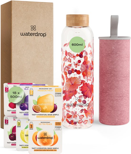 waterdrop® Starterset – glazen drinkfles 600ml 18 suikervrije drops – cadeau voor vrouwen – waterdrop fles met smaak – herbruikbare fles voor dranken & frisdrank
