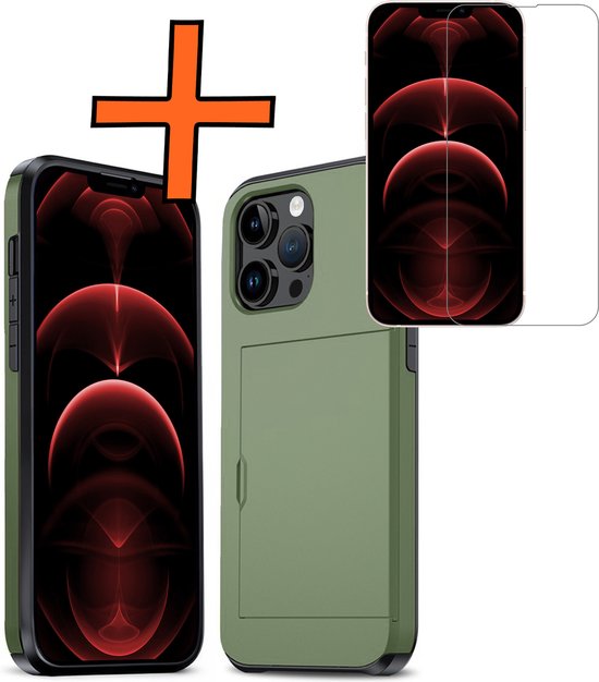 Hoesje Geschikt voor iPhone 14 Pro Max Hoesje Pasjeshouder Shockproof Hard Case Met Screenprotector - Hoesje Geschikt voor iPhone 14 Pro Max Hoes Met Kaarthouder - Donkergroen