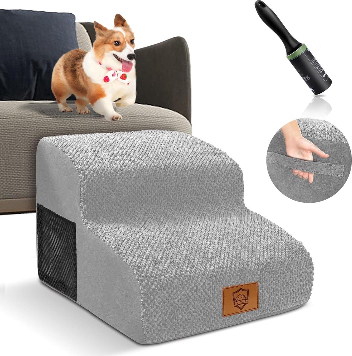Hondentrap voor kleine honden met 2 lagen antislip bekleding - Huisdierladder van schuim met hoge dichtheid voor gewonde en oudere honden en katten - Verzenden met 1 huisdierhaarverwijderaar roller grijs