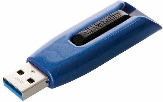 Een blauwe Verbatim V3 MAX USB-stick met 64 GB.