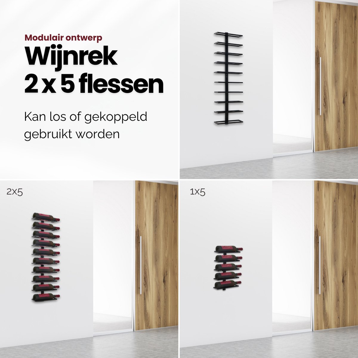 Hanamura Living Wijnrek voor 10 flessen – Modulair ontwerp - Voor aan de muur – Wijnrek zwart metaal - Inclusief handleiding & bevestigingsmateriaal — cadeau in Wonen & Interieur - foto 4