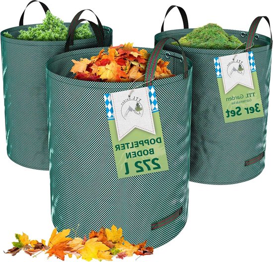 TTL GARDEN 3 sacchi da giardino da 120 l, autoportanti, 4 manici, 150 g/m², extra stabile, robusto e pieghevole, set da 3 pezzi, 120 litri, sacco per foglie, siepe, rifiuti da giardino