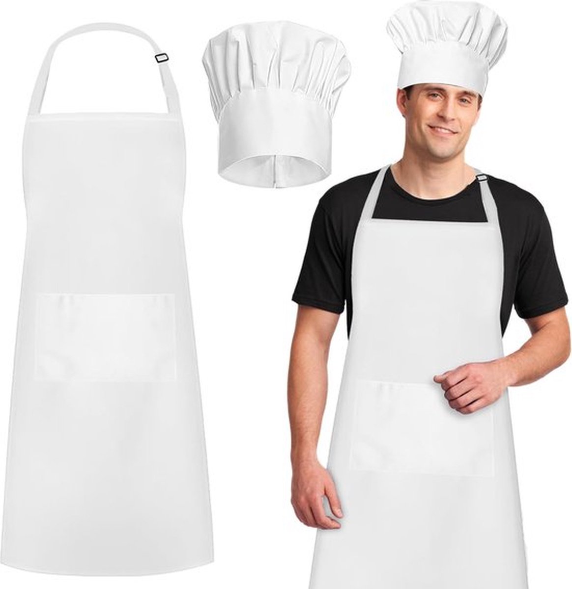 PolkaHome Set kookschort en kookmuts voor heren kookschort waterdichte schorten met 2 zakken 65 x 80 cm wit verstelbaar barbecueschort keukenschort voor mannen en vrouwen schort voor keuken restaurant