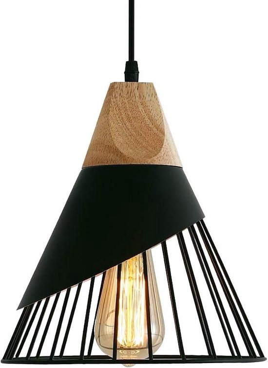 MAXDUYU Hanglamp, vintage, hout, metaal, design, industriële plafondlamp, in lampen, hanglamp, lampenkap, 27, verlichting voor eetkamer, keuken, zwart, 2 stuks