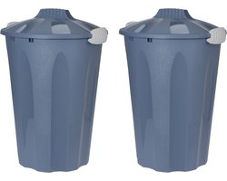 2x stuks kunststof wasmanden met deksel rond blauw 40 liter - Wasmanden/wasgoedmanden - Huishouden