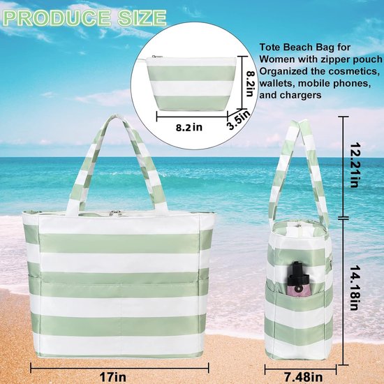 Sac De Plage Grande Capacité Imperméable Avec Fermeture Éclair - Tissu Maille Respirant - Léger Et Pliable - Pour Plage, Piscine, Voyage, Gym