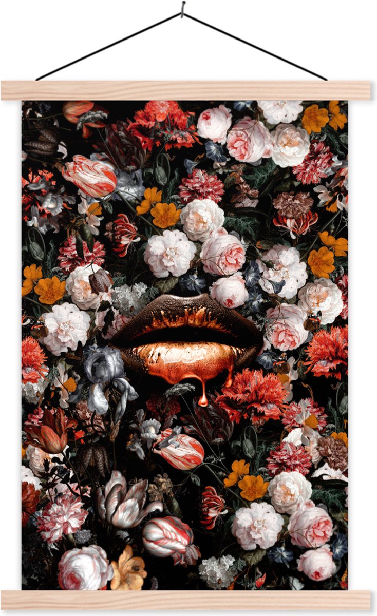 Posterhanger incl. Poster 60x90 cm - Schoolplaat - Lippen - Bloemen - Verf - Oranje - Kuns