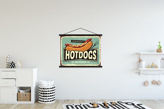 Porte-affiche avec affiche - Affiche scolaire - Hot dog - Vintage - Illustration - 150x113 cm - Lattes noires