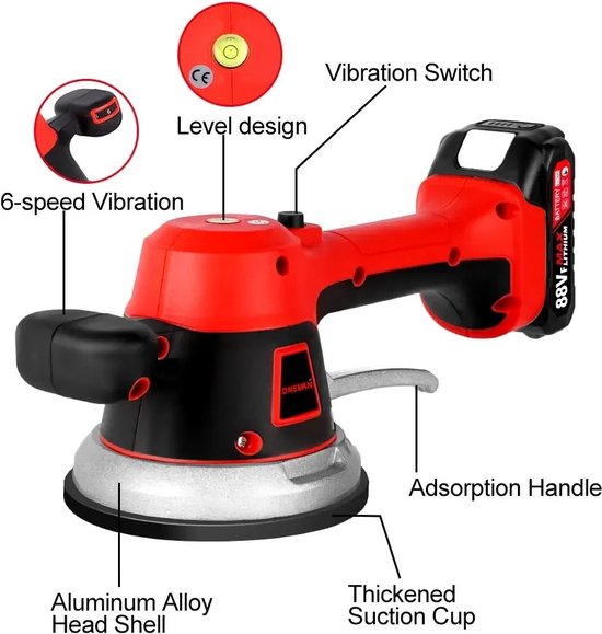 Mygroot - Vibrateur pour carrelage - Jusqu'à 200kg - Support pour carrelage - Lève-carrelage - Vibrateur pour carrelage Aspirateur - Ventouse pour carrelage - 6 Positions - 3500 w - 18v - Comprenant 2 piles et coffret de rangement