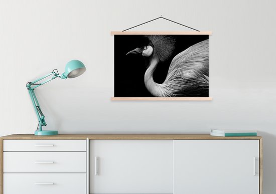 Posterhanger incl. Poster 90x60 cm - Schoolplaat - Kraanvogel - Zwart - Wit - Vogel - Dieren - Textielposter - Blanke latten