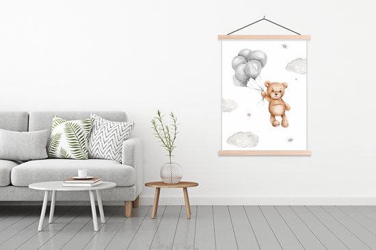 Posterhanger incl. Poster 120x160 cm - Schoolplaat - Beer - Ballon - Sterren - Kinderen - Textielposter - Blanke latten