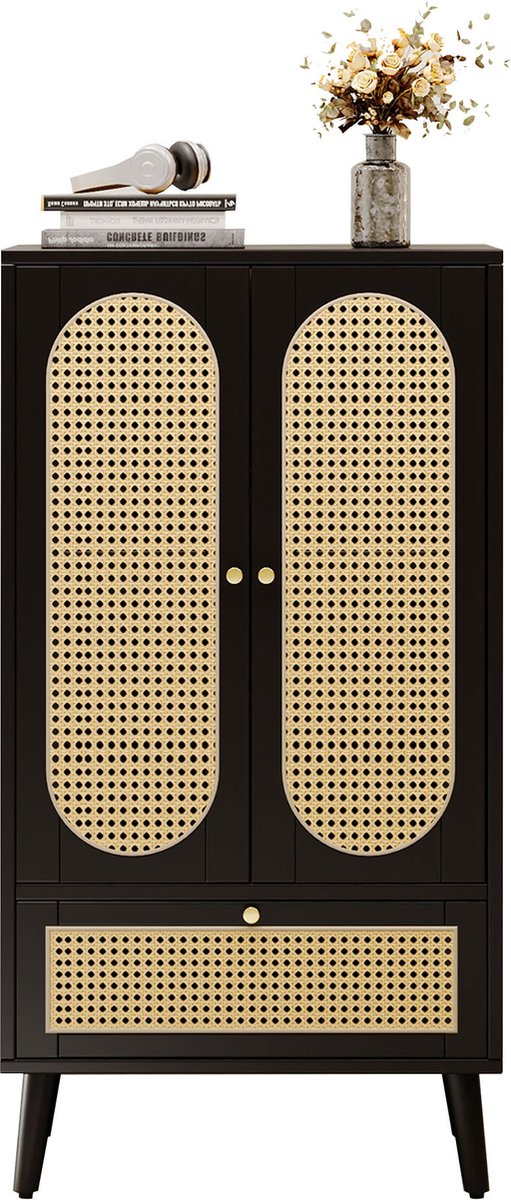 Merax Compact Dressoir (1.1m) - Zwart Rattan Design met 2 Deuren en 1 Lade – Opbergkast voor Woonkamer - Eetkamer of Slaapkamer