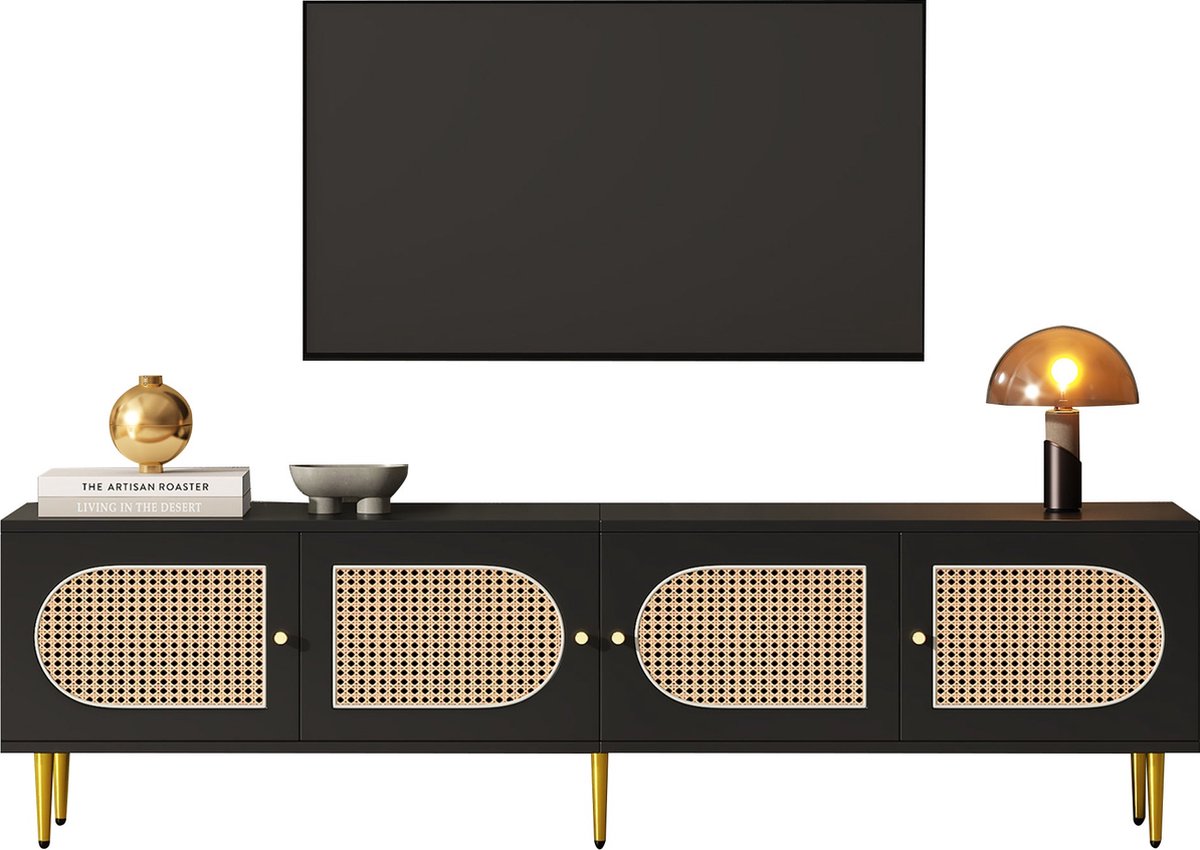 Merax Zwart Rattan TV-Meubel 180x40x50 cm met 4 Rattantüren Verstelbare Plank en Kabelmanagement Geschikt voor TV's tot 80 inch