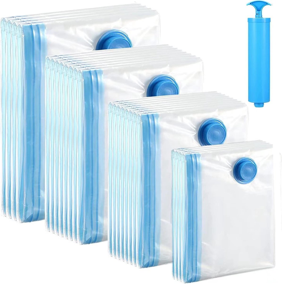 Pak met 12 vacuümzakken voor kleding, dekbedden, vacuümzakken, 4 maten (2 x 100 x 80 cm + 4 x 80 x 60 cm + 4 x 60 x 40 cm + 2 x 70 x 50 cm) vacuümkledingzakken, opbergzakken , reizen met stofzuigerhandpomp