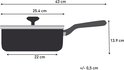 Schematische tekening van een hapjespan met de afmetingen: 43 cm totale lengte, 25.4 cm panbreedte, 22 cm bodemdoorsnede en 13.9 cm hoogte.