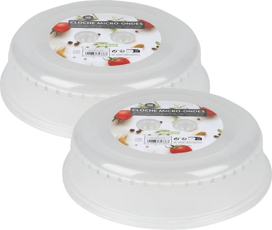 Twee transparante magnetrondeksels met ventilatiegaatjes en een etiket met tomaten en kruiden, doorsnede 26,5 cm.