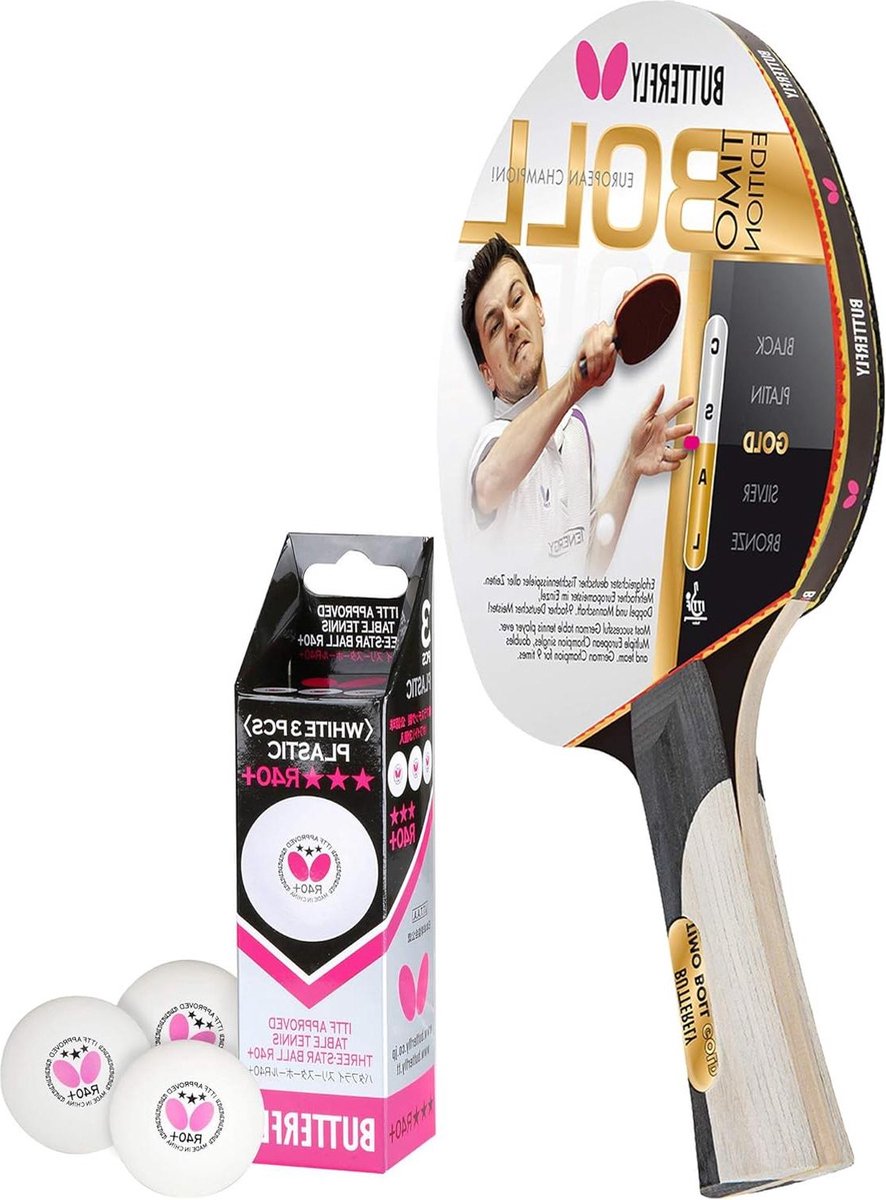 Timo Boll Gold tafeltennisbatje - ITTF R40+ tafeltennisballen - premium set - professioneel gebruik