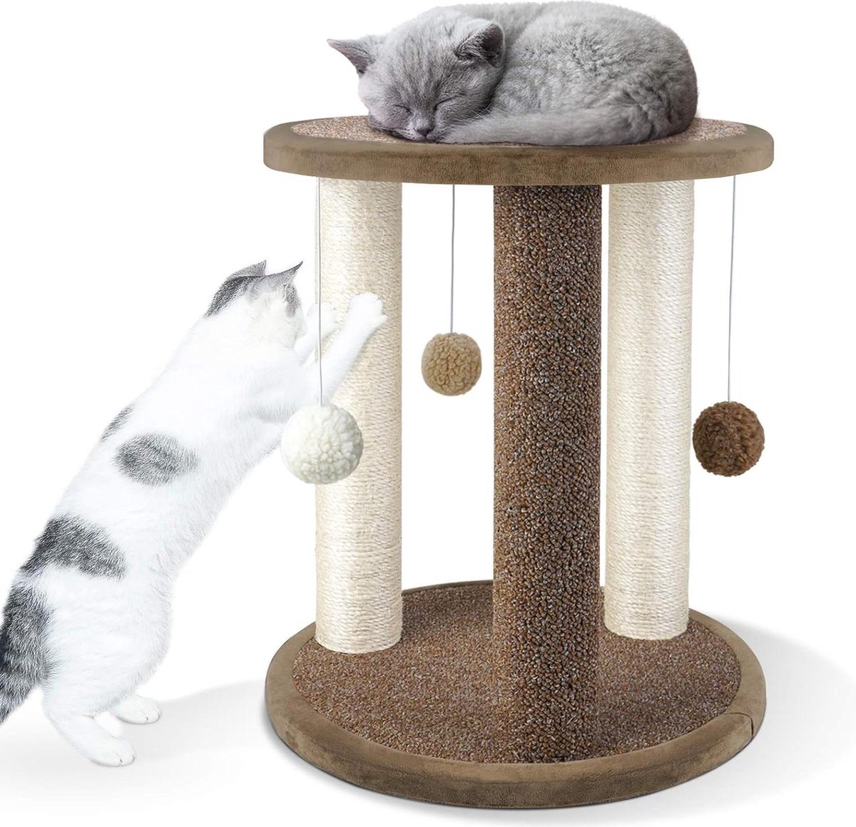 Krabtoren met 3 krabpalen – Vloerbedekking basis – Krabpaal voor katten met speelruimte – Baars – Interactief speelgoed – Bungelende bal – Oost om te monteren – 40 x 40 x 47 cm