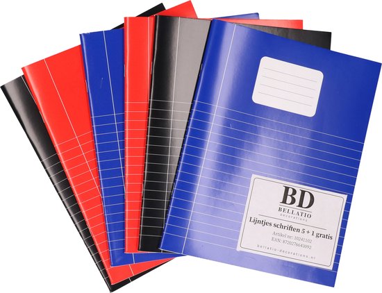 Een waaier van schriften in rood, blauw, grijs en zwart. Blauw schrift met label vooraan.