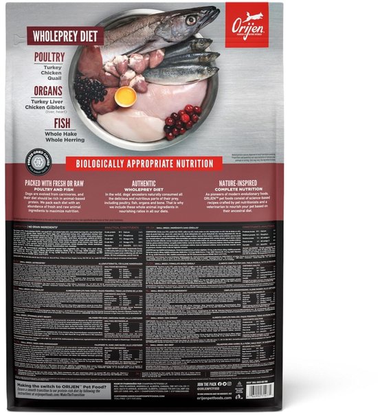 Orijen Whole Prey Diet. Gevuld met eend, kip, kwartel, hele rode poon, hele horsmakreel. Biologisch passende voeding.