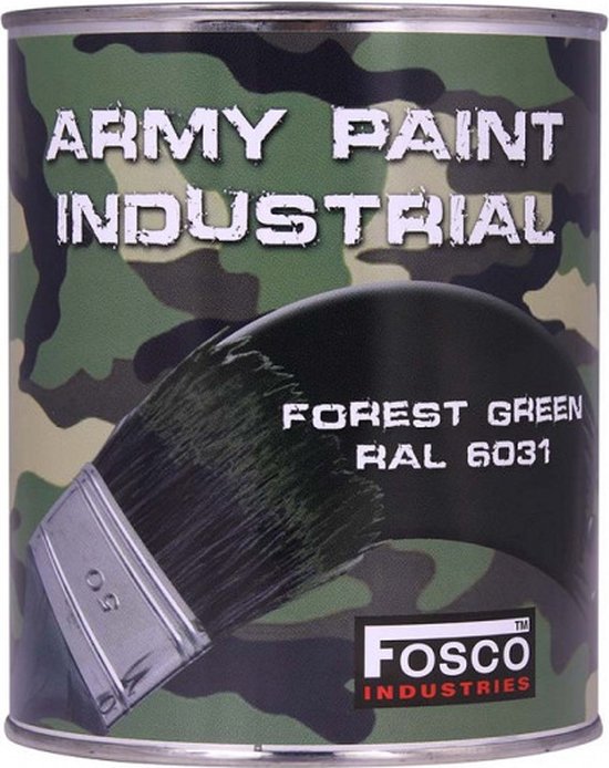Blik met legerverf in bosgroen RAL 6031, met camouflageprint.