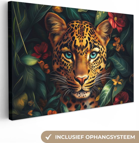 Canvas schilderij 180x120 cm - Wanddecoratie Luipaard - Natuur - Bloemen - Bladeren - Jungle - Muurdecoratie woonkamer - Slaapkamer decoratie - Kamer accessoires - Schilderijen