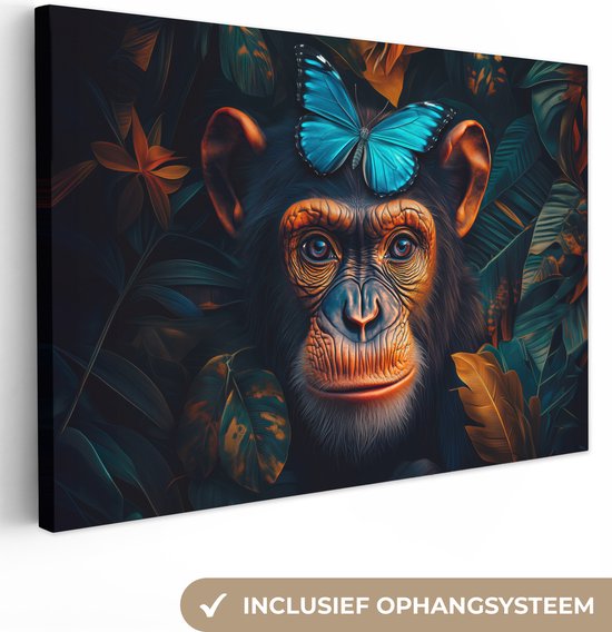 Canvas schilderij 120x80 cm - Wanddecoratie Chimpansee - Aap - Natuur - Blauwe vlinder - Muurdecoratie woonkamer - Slaapkamer decoratie - Kamer accessoires - Schilderijen op canvas