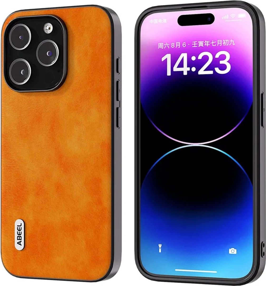 ABEEL – iPhone 15 Pro – Backcover hoesjes – Cowhide Leather+PC+TPU – Litchi – Anti-Scratch – Oranje