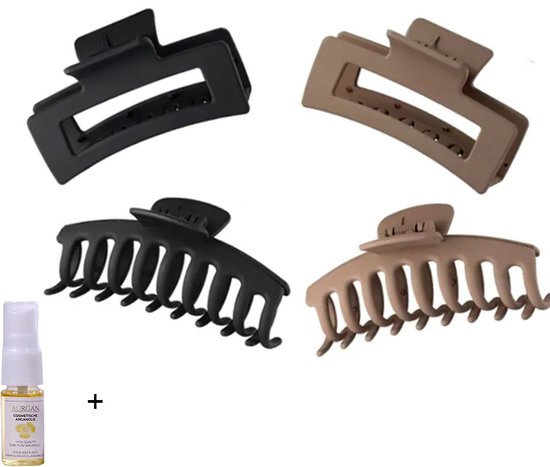 Set van vier haarklemmen: twee grote zwarte, twee grote taupe, en een klein flesje olie.