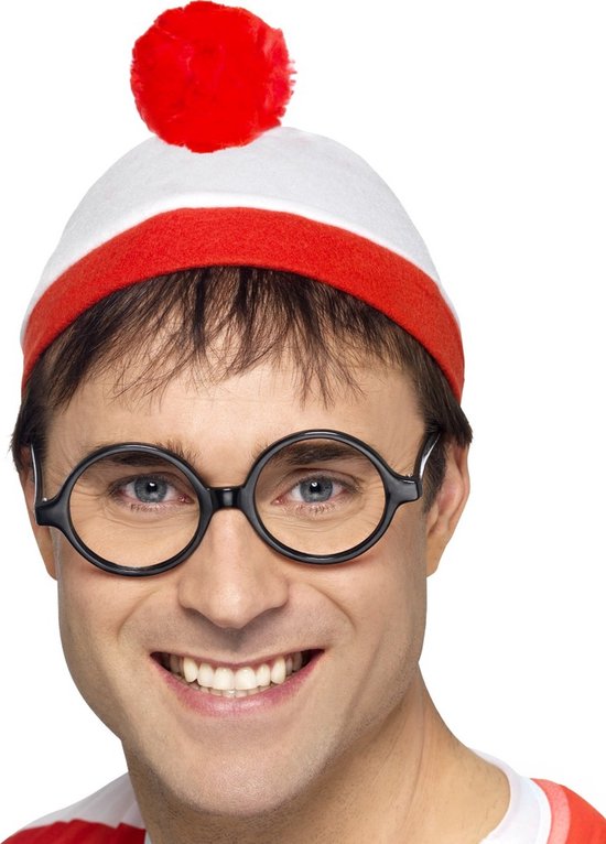 Volwassen Waar is Wally muts met rode pompon en ronde bril.