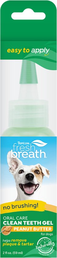 Een flesje Fresh Breath tandgel met pindakaas smaak in verpakking, met het label 'easy to apply' en een afbeelding van een blije hond.