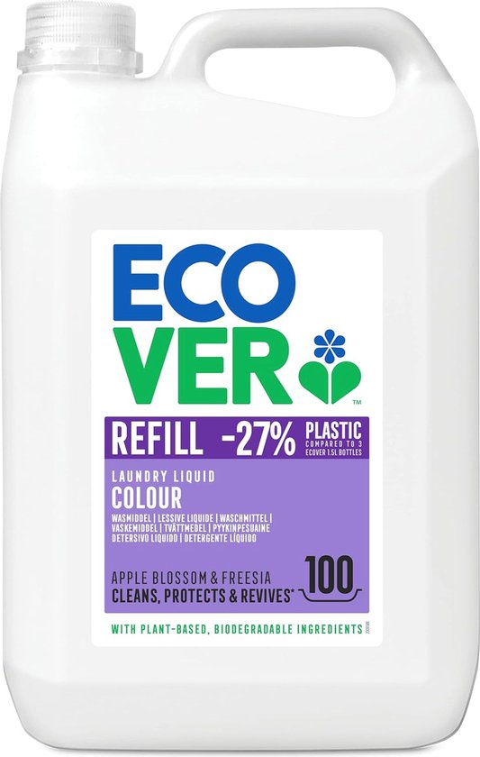 Ecover Laundry Liquid Colour, Apple Blossom & Freesia geur. Navulfles -27% plastic. 100 wasbeurten. Met plantaardige, biologisch afbreekbare ingrediënten.