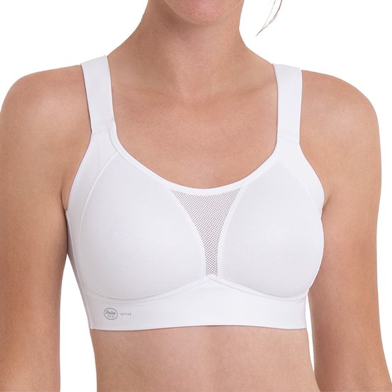Vooraanzicht van een witte Anita Active sportbeha met mesh borstpaneel.