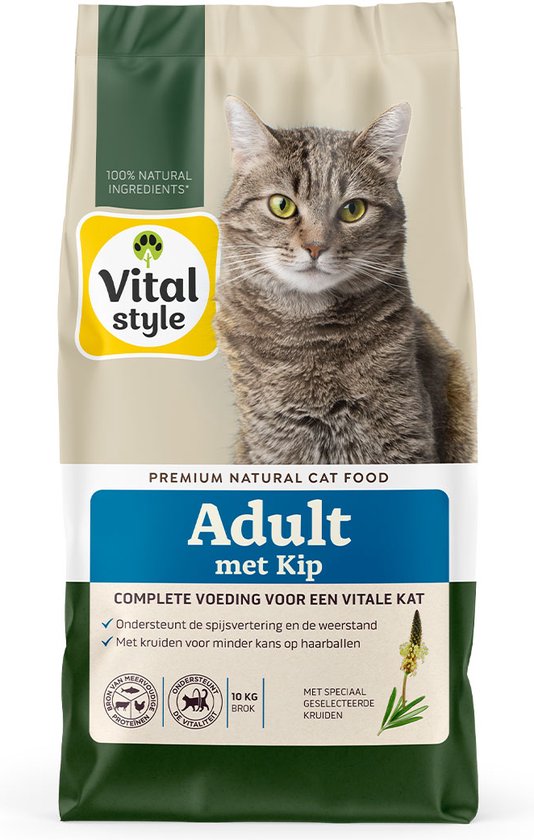 VITALstyle Adult Met Kip - Kattenbrokken - Gevarieerde Voeding Voor Een Levenslustige Kat - Met o.a. Peterselie & Smalle Weegbree - 10 kg
