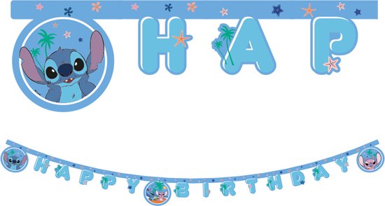 Blauwe 'Happy Birthday' slinger met afbeeldingen van Stitch en tropische elementen zoals palmbomen en zeesterren.