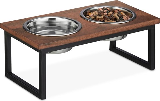 hondenvoerbak op standaard – 1000 ml – rvs – mangohout