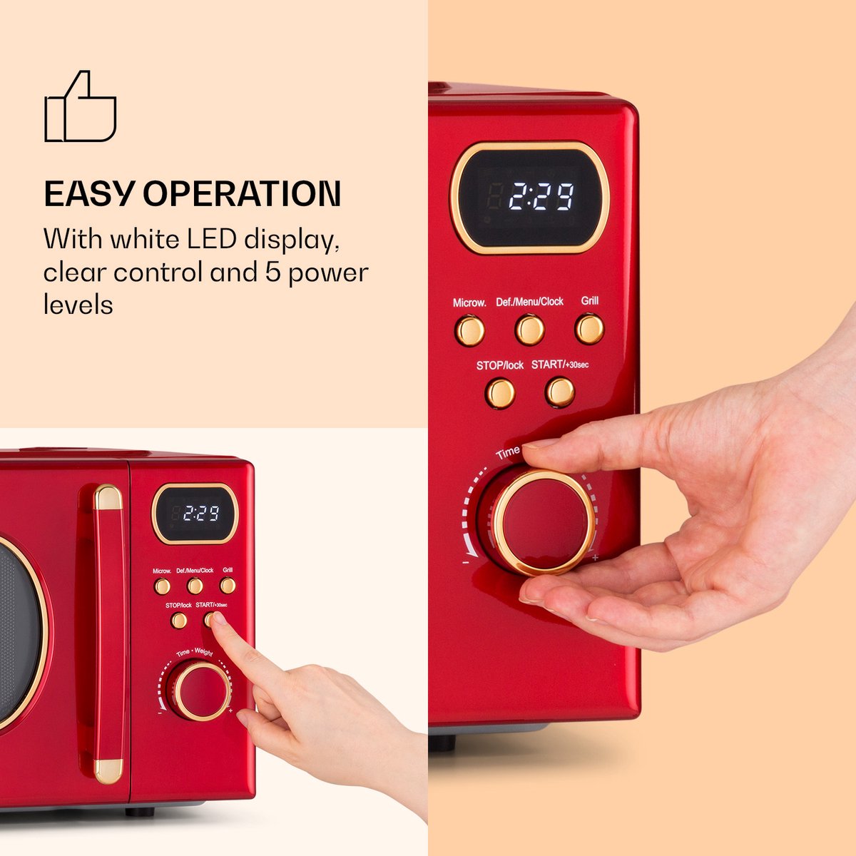 Klarstein magnetron met Grill, 800 Watt magnetron klein, 3 in 1Edelstahl magnetron rood, Kleine 20 Liter magnetron met ontdooi en Pizzafunktion, Drehteller, Platzsparend, Einfach zu Bedienen thumbnail 3