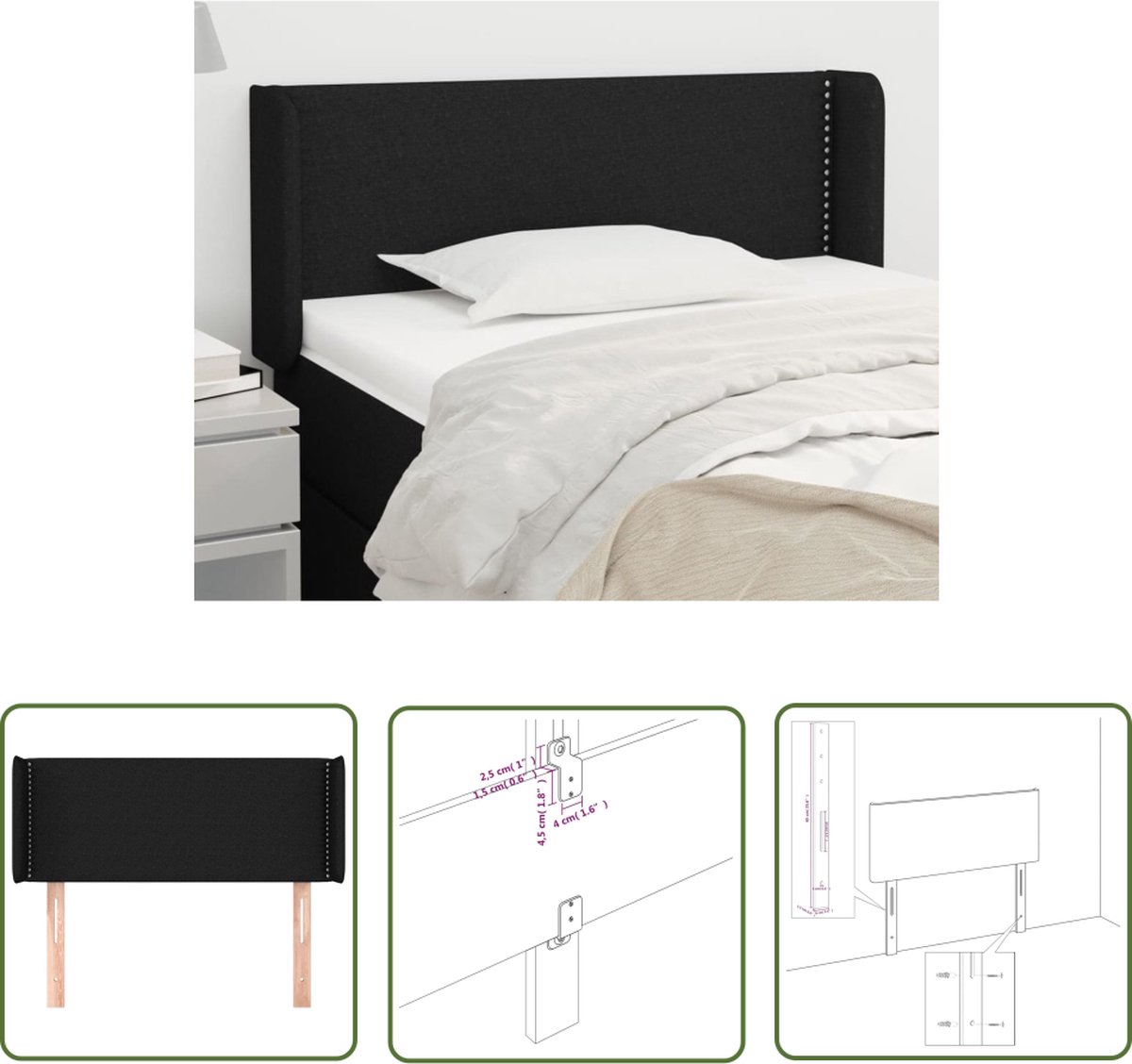 The Living Store Hoofdeind - 83 x 16 x 78/88 cm - Zwart Stof