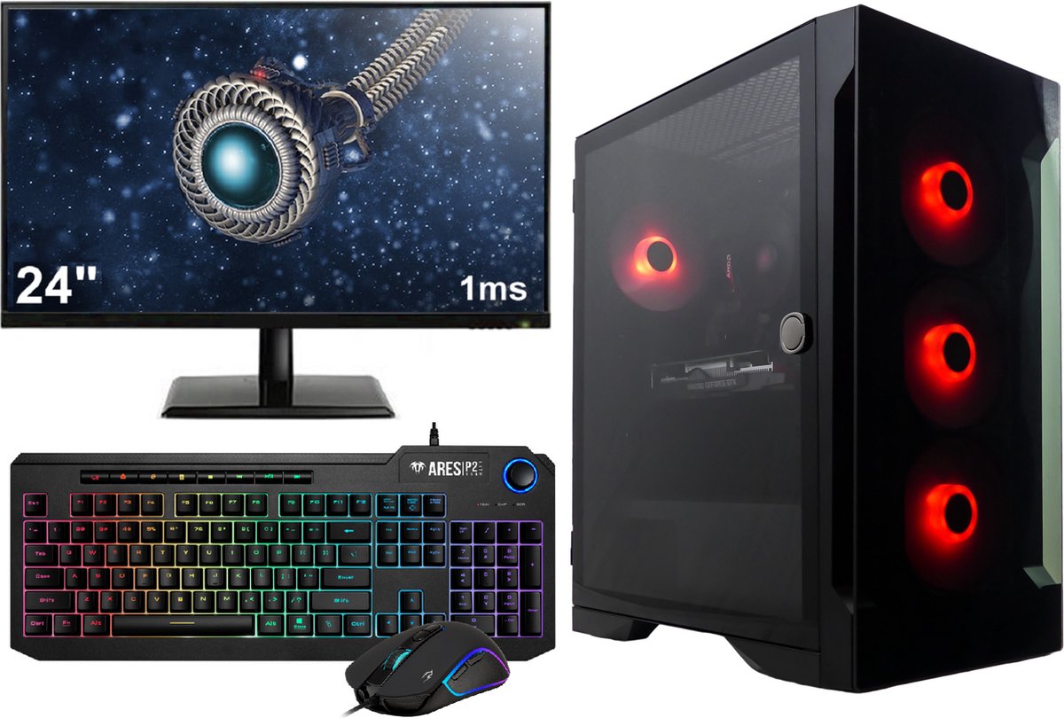 AMD Ryzen 5 RGB Budget Game PC SET COMPLEET met 24" 1ms Scherm - Toetsenbord en Muis - 16GB (2x8, 2933MHz) RAM - 500GB SSD - RX Vega 11 - WIFI - Windows 11 Pro - Talos E2 Elite - AMD - €599,00