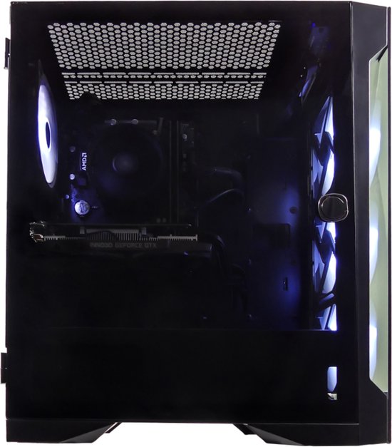Zwarte pc-behuizing van voren gezien, met glazen paneel en witte en blauwe RGB-verlichting binnenin.