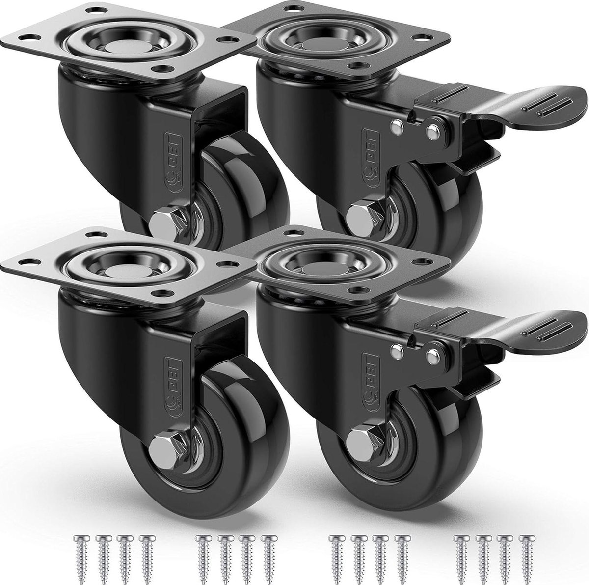 Zwenkwielen met Remmen en Schroeven - 50 mm tot 200 KG - 4 stuks - Geen Vloersporen - Meubel Wielen - Meubelen - Trolley Wielen - Zwart