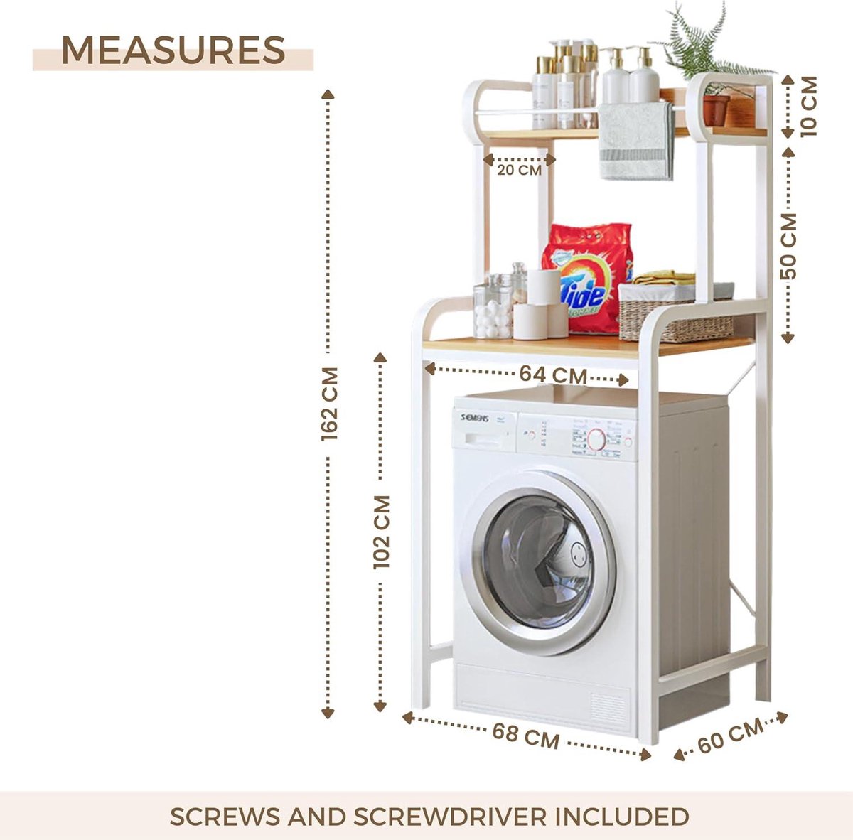 Wasmachine-organizer voor badkamer met 2 niveaus van E1-hout en staal - Ruimtebesparend Wasmachine rek