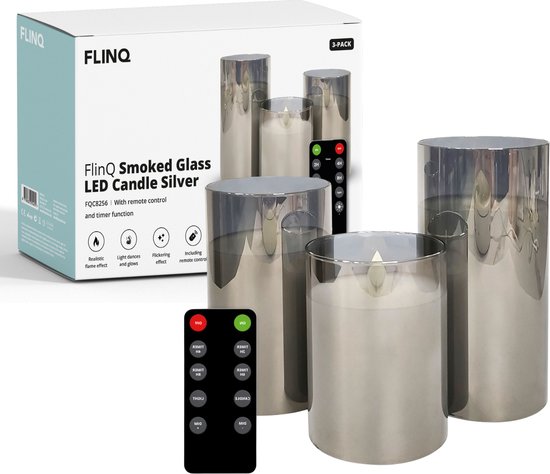 FlinQ LED Kaarsen met Bewegende Vlam in Smoked Glass - Inclusief Afstandsbediening met Timer en Dimfunctie - Nep Kaarsen met Flikkerende Vlam - Dinerkaarsen - 3 stuks- Zilver