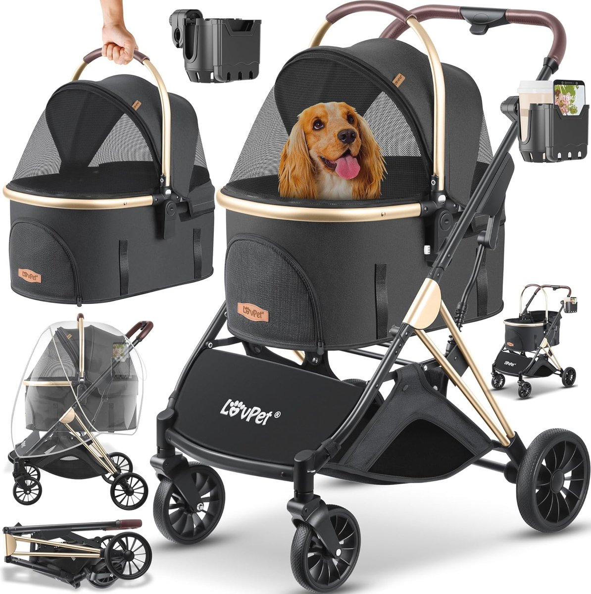Hondenbuggy 3-in-1 Opvouwbaar voor Dieren met 360° Wielen en Regenhoes - Ideaal voor Kleine Honden en Katten